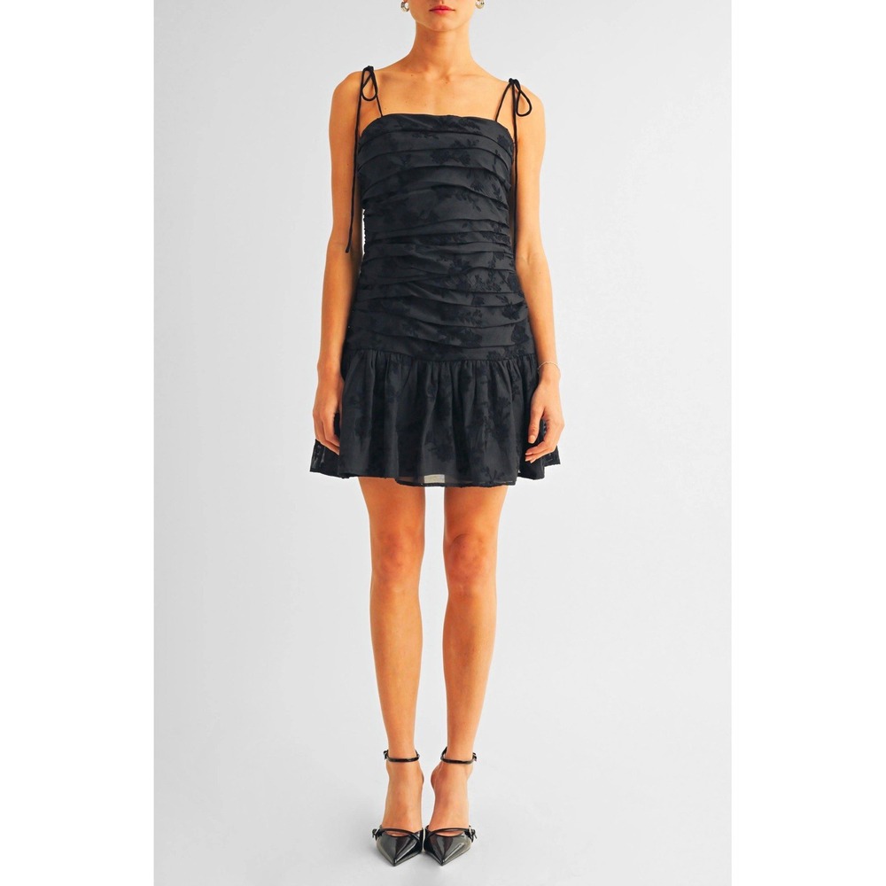 Arose Studio  Kienna Jacquard Pleated Mini Dress Black Floral Size M